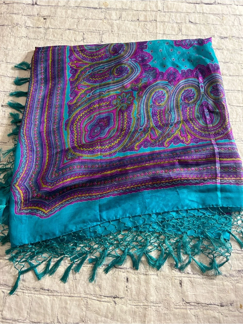 SILK INDIA MADE LARGE PURPLE/TEAL TURQUOISE PAISLEY WITH TASSEL FRINGE SCARF O/S